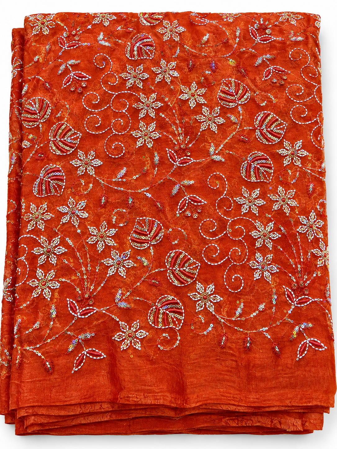 Vibrant Orange Embroidered Sequin Georgette Fabric